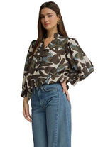 Entro Women's Ecru Floral Print Long Sleeve Blouse 