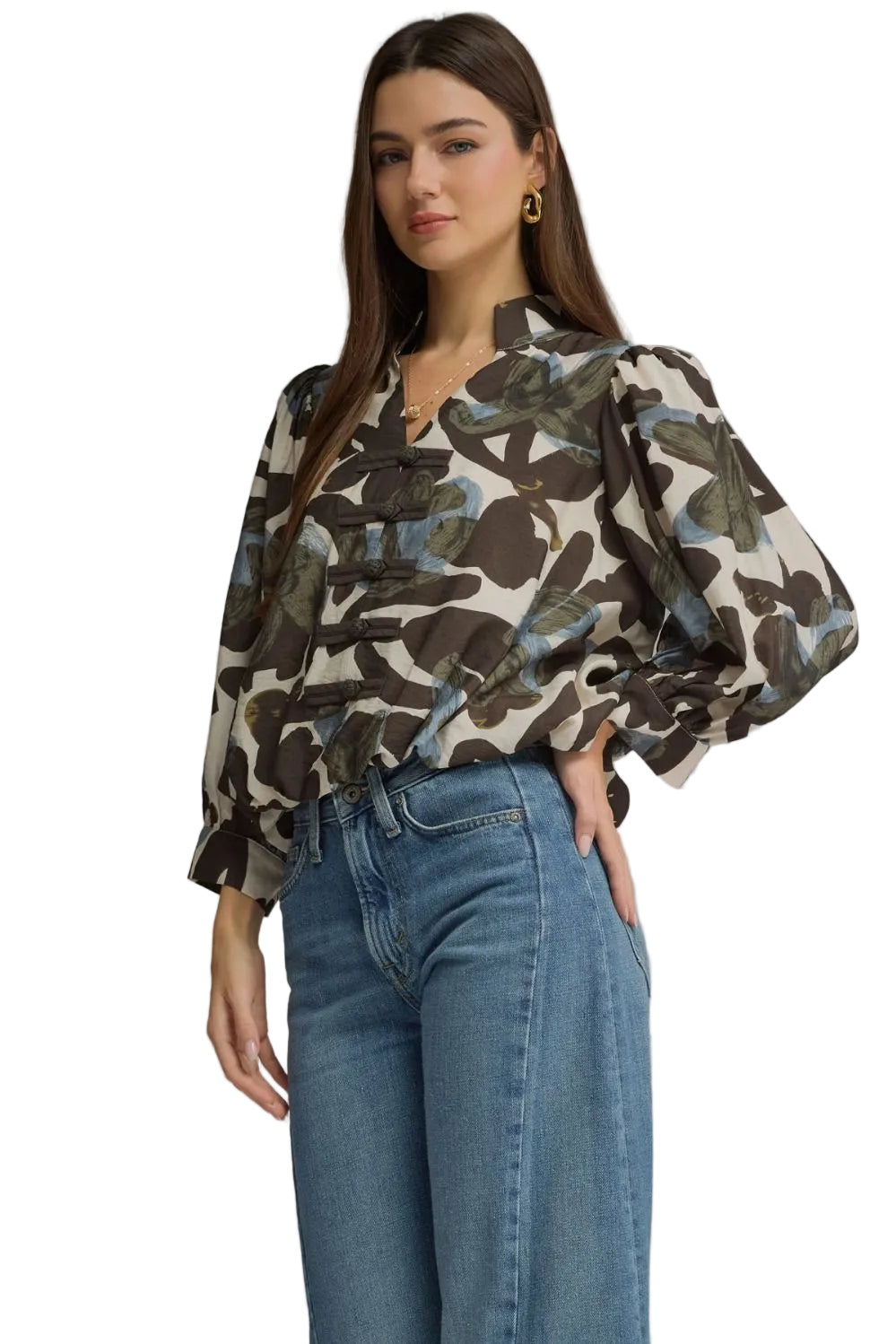 Entro Women's Ecru Floral Print Long Sleeve Blouse 