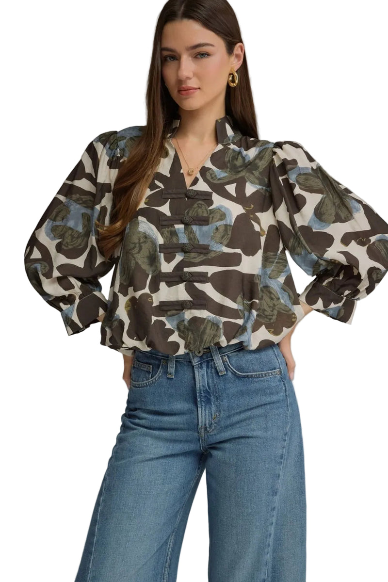 Entro Women's Ecru Floral Print Long Sleeve Blouse 