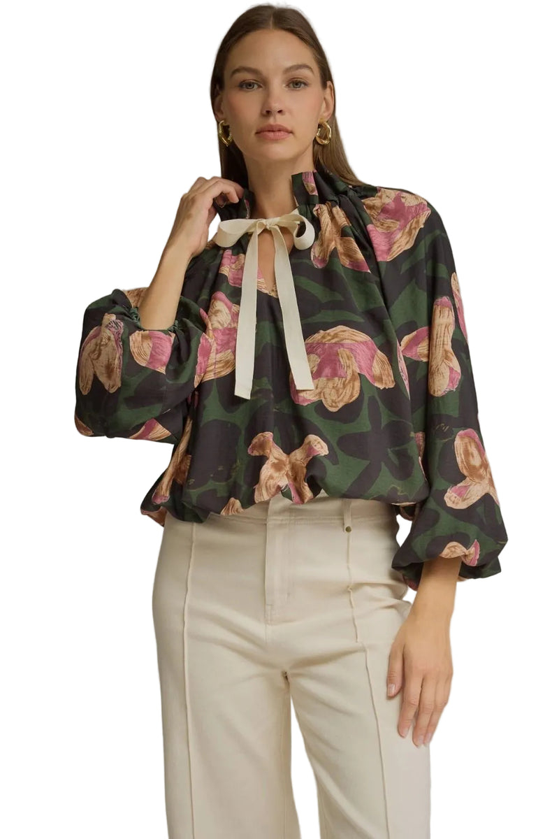 Entro Women's Pine Floral Long Sleeve Blouse 