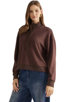 Entro Women's Brown Solid Knit Long Sleeve Sweatshirt 