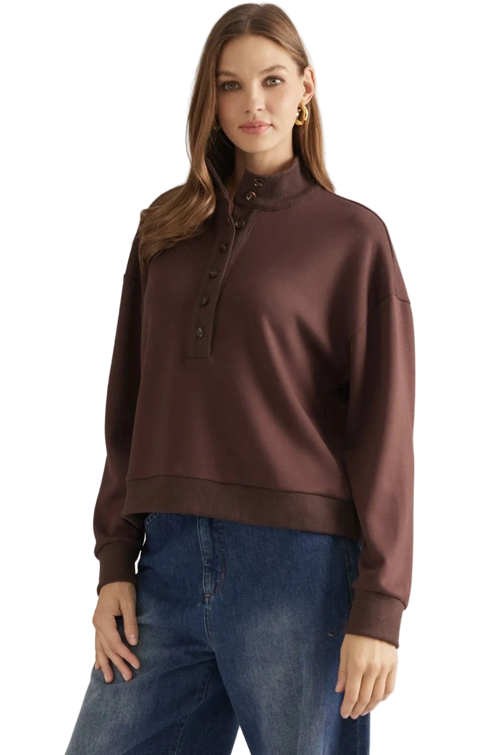Entro Women's Brown Solid Knit Long Sleeve Sweatshirt 