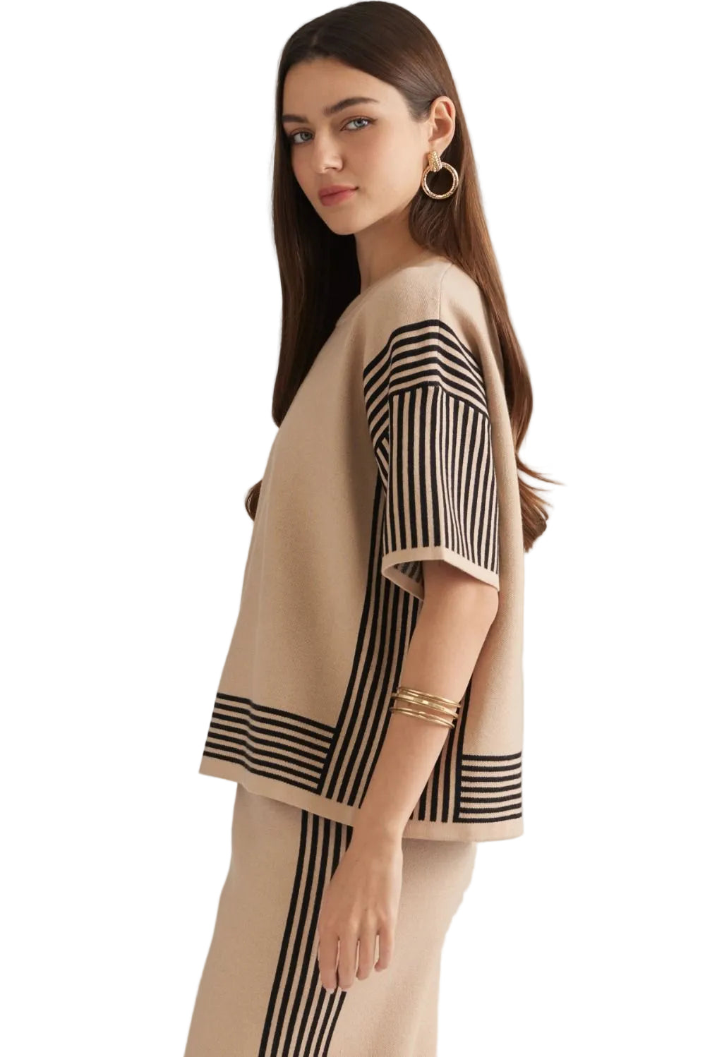 Entro Women's Black/Taupe Stripe Short Sleeve Sweater Top 