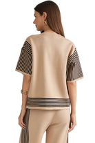 Entro Women's Black/Taupe Stripe Short Sleeve Sweater Top 