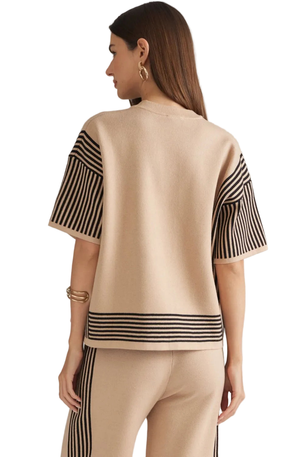 Entro Women's Black/Taupe Stripe Short Sleeve Sweater Top 