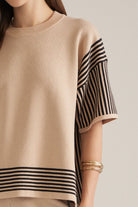 Entro Women's Black/Taupe Stripe Short Sleeve Sweater Top 