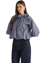 Entro Women's Blue/Brown 3/4 Sleeve Tie Neck Striped Blouse 