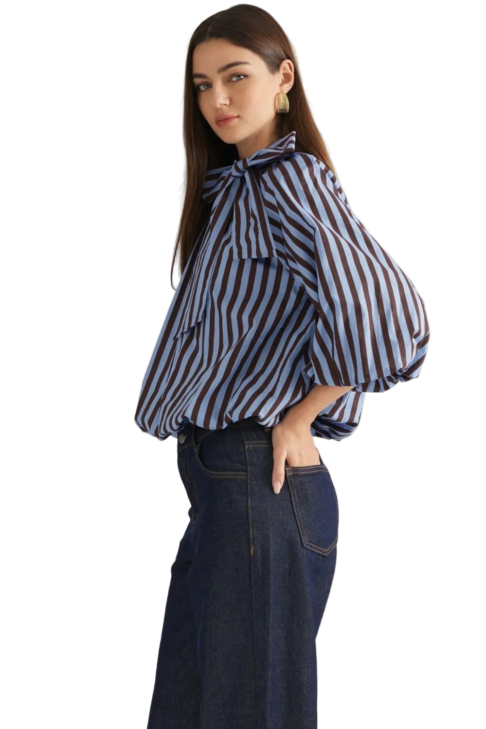 Entro Women's Blue/Brown 3/4 Sleeve Tie Neck Striped Blouse 