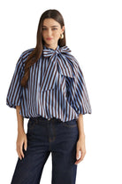 Entro Women's Blue/Brown 3/4 Sleeve Tie Neck Striped Blouse 