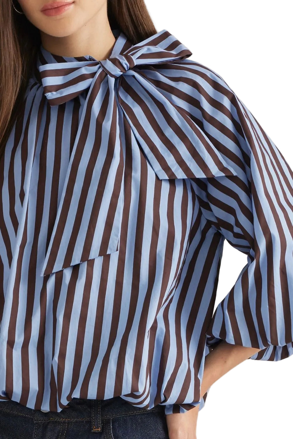 Entro Women's Blue/Brown 3/4 Sleeve Tie Neck Striped Blouse 