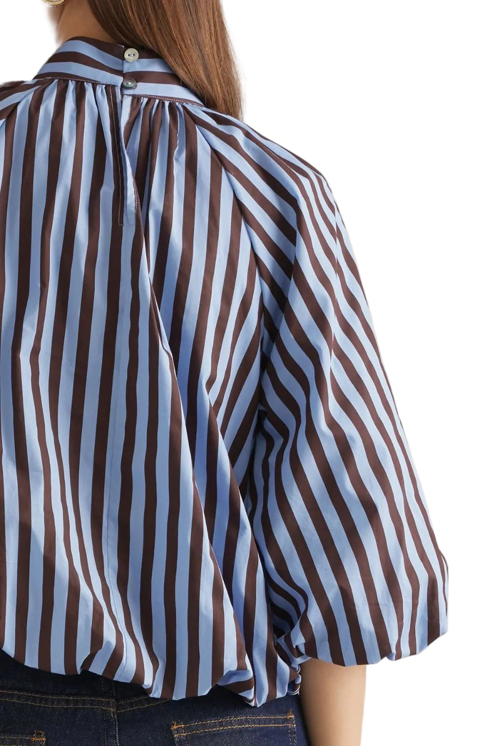 Entro Women's Blue/Brown 3/4 Sleeve Tie Neck Striped Blouse 