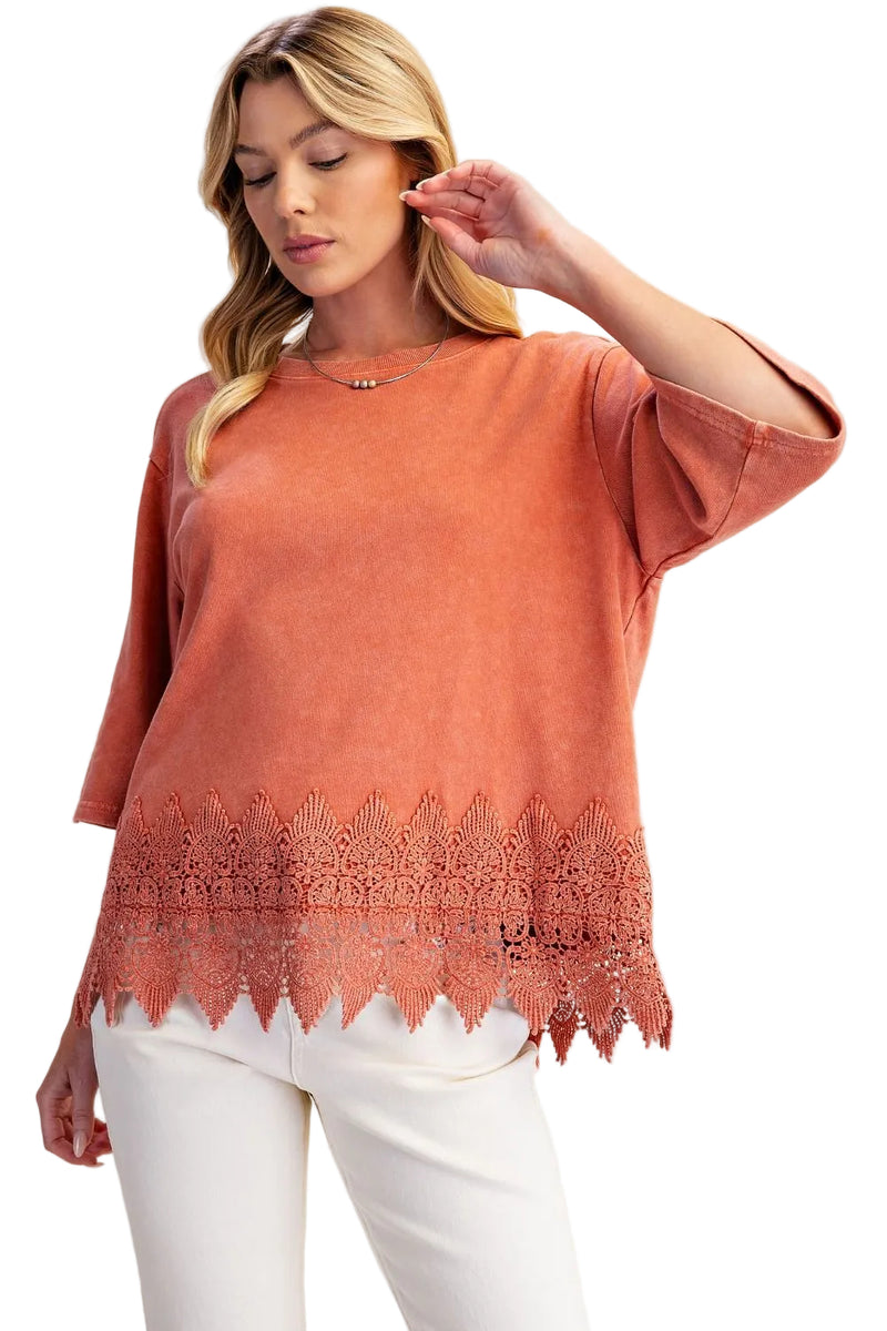 Easel Women's Washed Lace Bottom Boxy Knit Top 