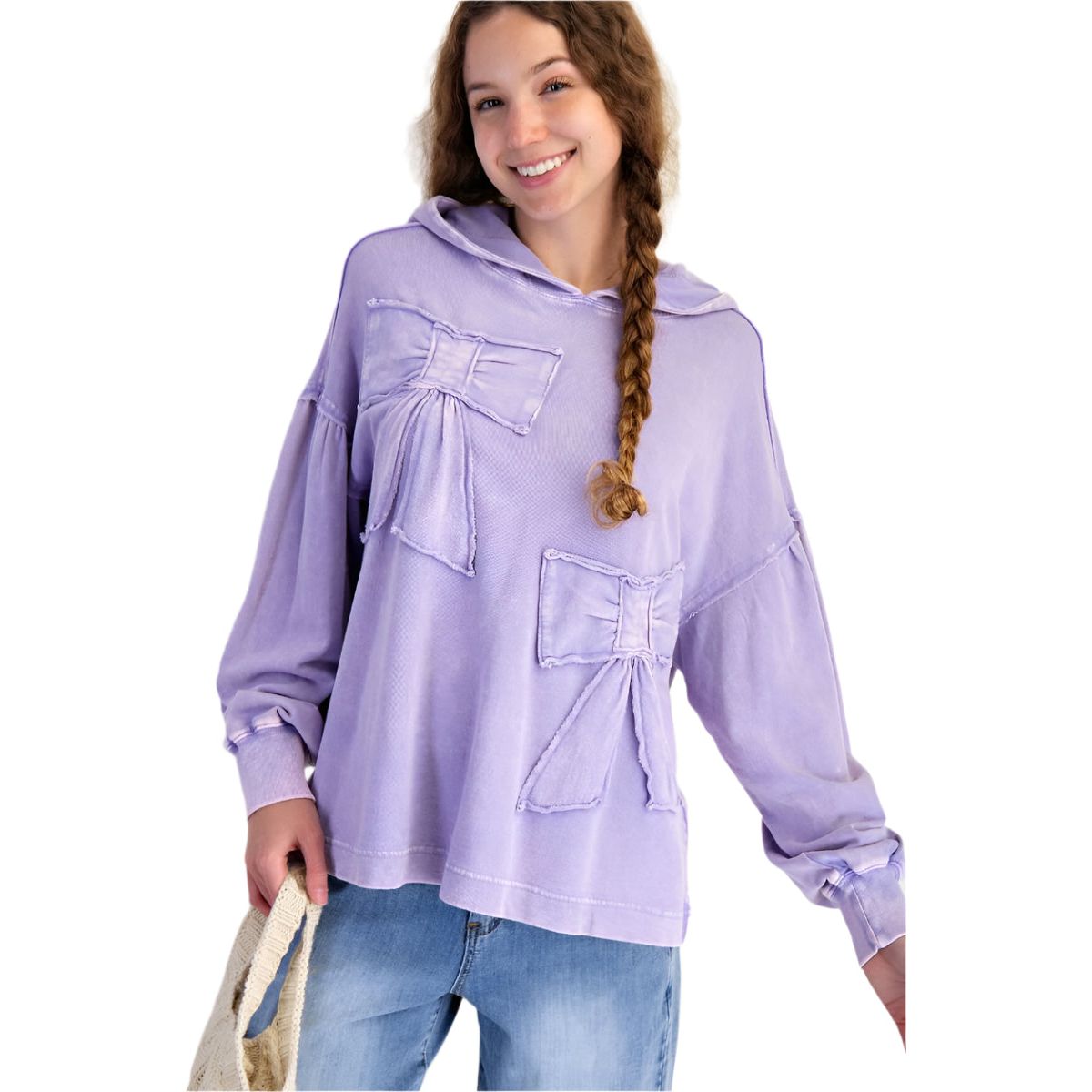 Women's Easel Lavender Hoodie With Bow Patch ET26781 - Crazy House Western Wear