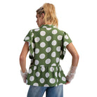Women's Easel Green and White Polka Dot Button Down Ruffle Blouse ET29424
