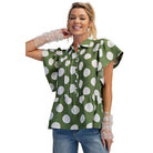 Women's Easel Green and White Polka Dot Button Down Ruffle Blouse ET29424