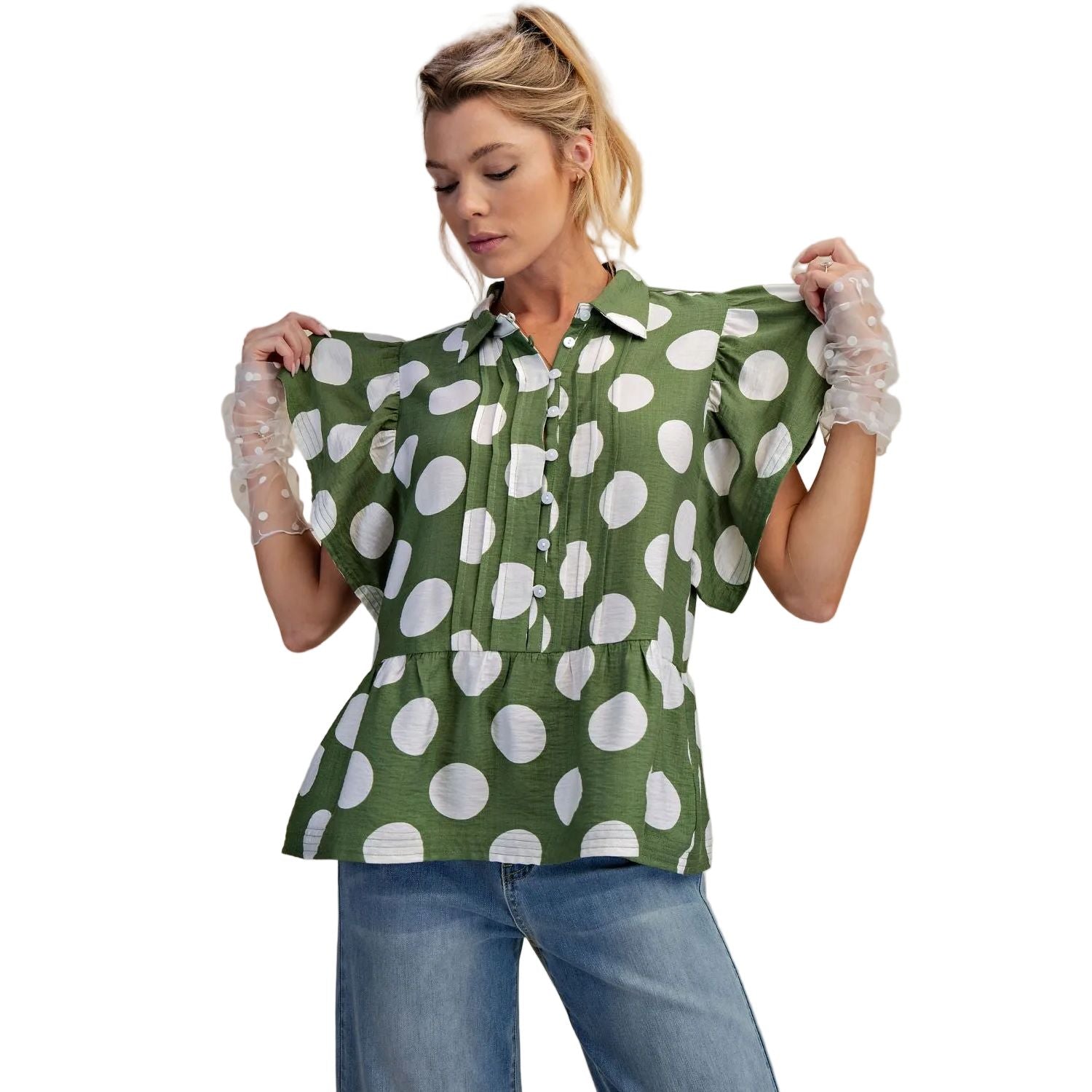Women's Easel Green and White Polka Dot Button Down Ruffle Blouse ET29424