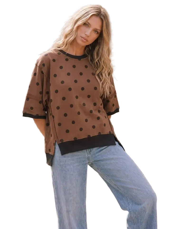 Women's Mocha Polka Dot Oversized Contrast Top 