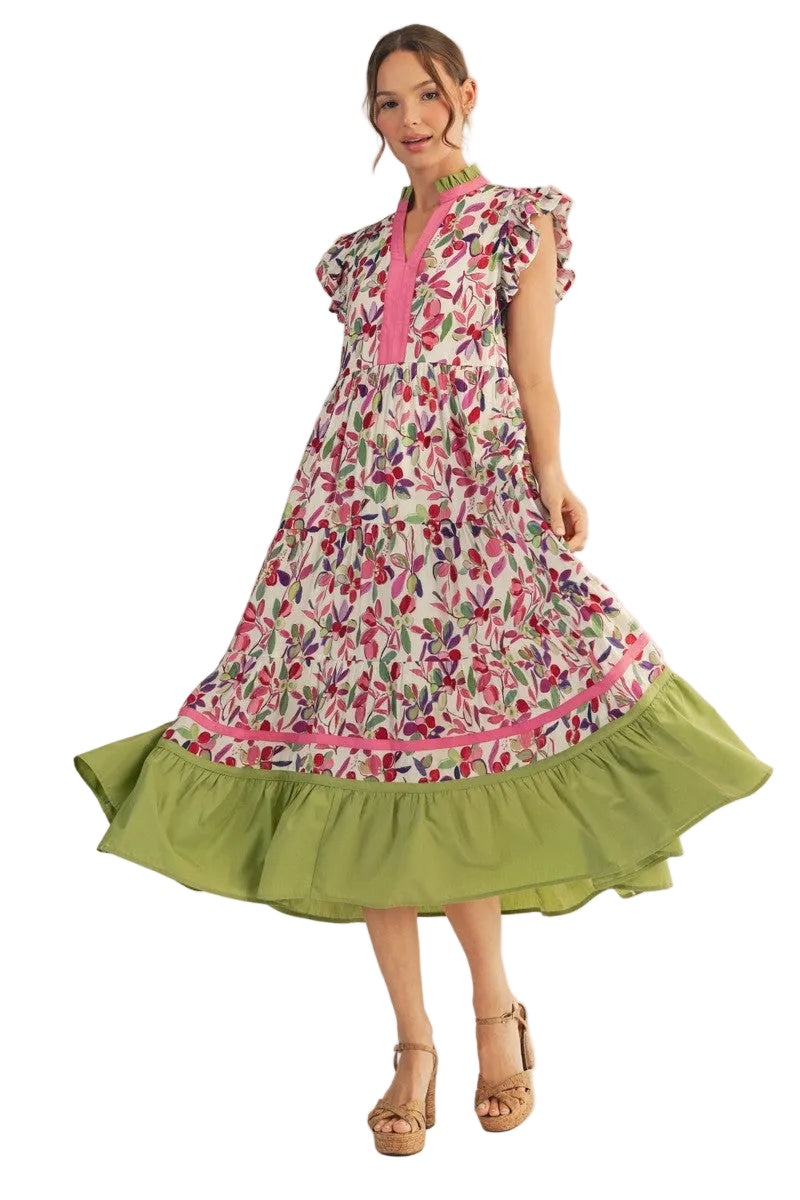 Women's Berry Mix  Ruffled Cap Sleeves Tiered Floral Midi Dress G15465