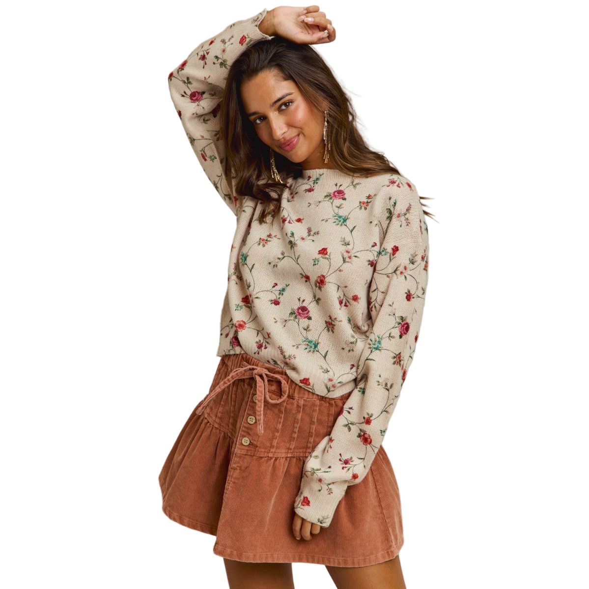 Women's Floral Print Crewneck Sweater Knit Top ST3678F-01