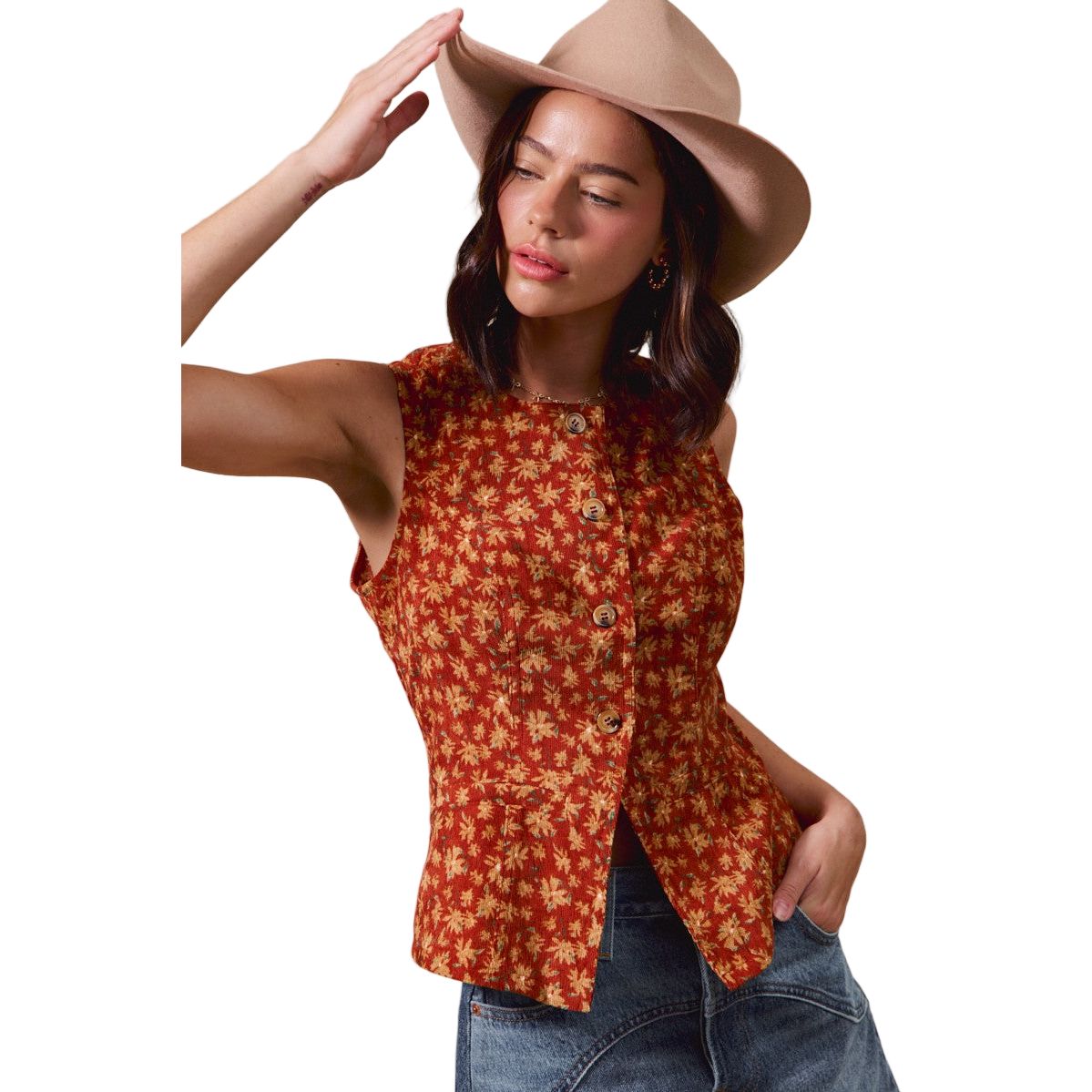 Women's Slim Fit Button Front Floral Corduroy Vest Top ST2710F-05