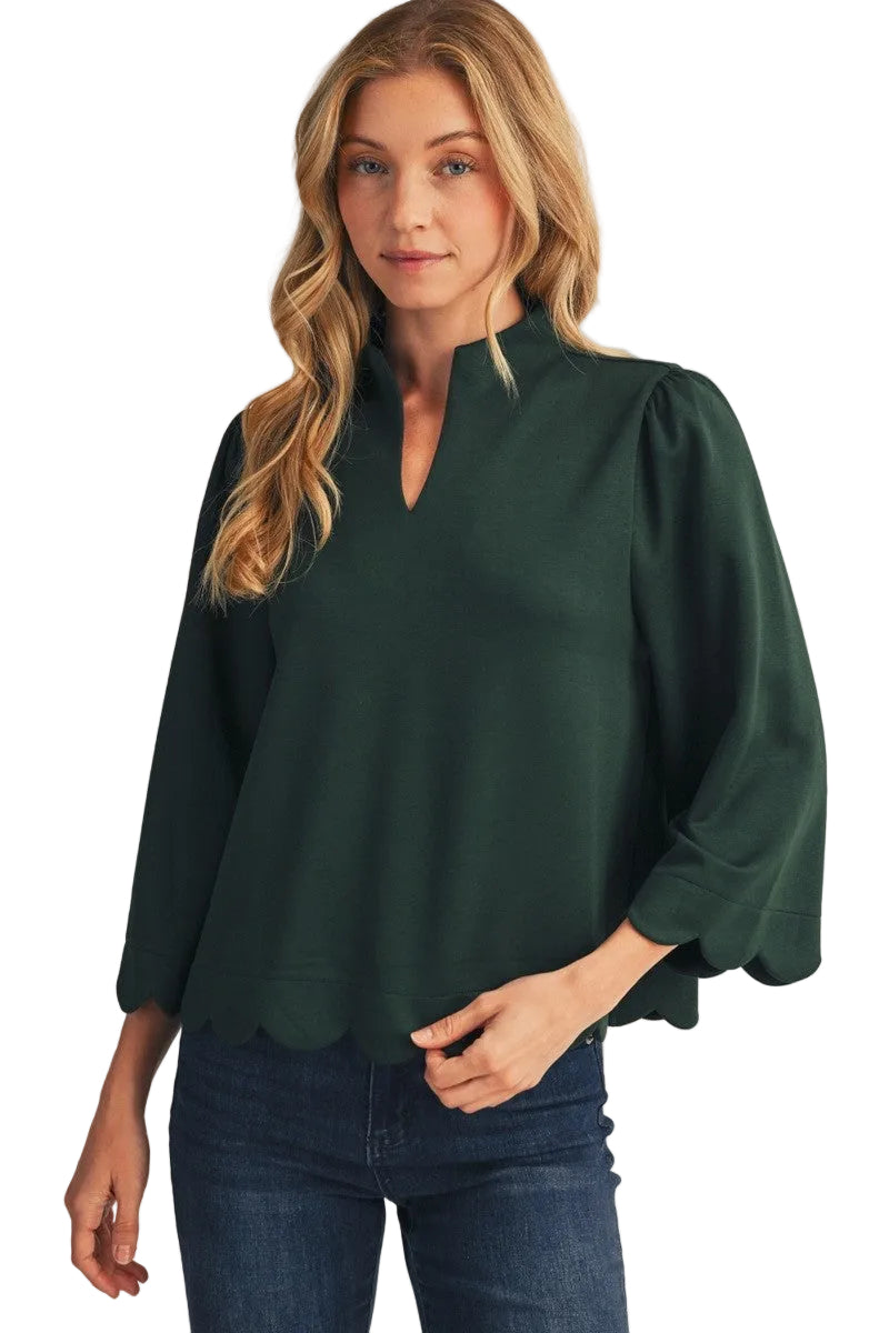 Jodifl Women's Hunter Green Scallop Edge Detail Solid Blouse 