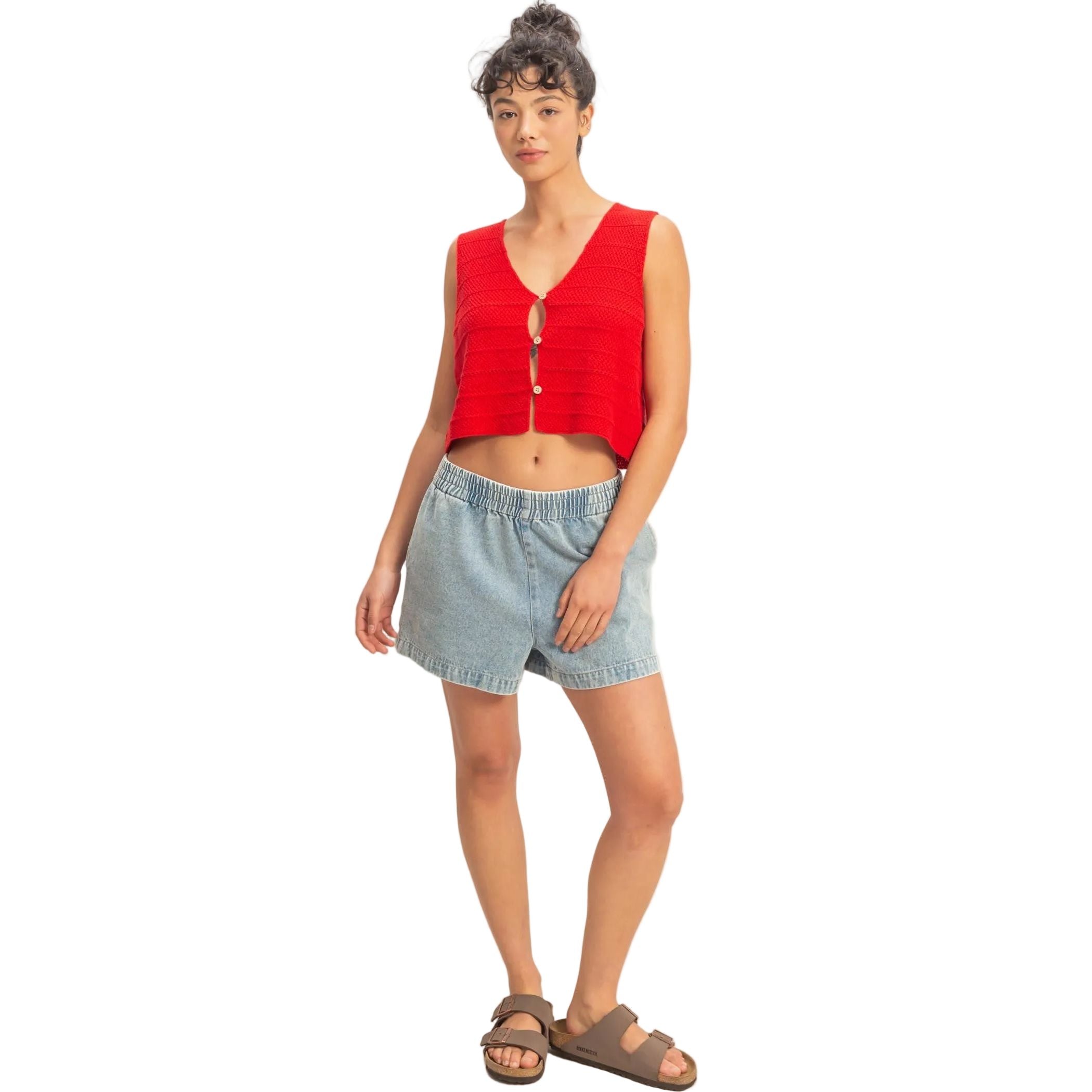 Women's Red V-neck Textured Sleeveless Knit Vest DZ26A285