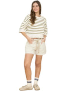 Women's Stripe Raw Edge Drop Shoulder Short Sleeve Sweater J6ST1036