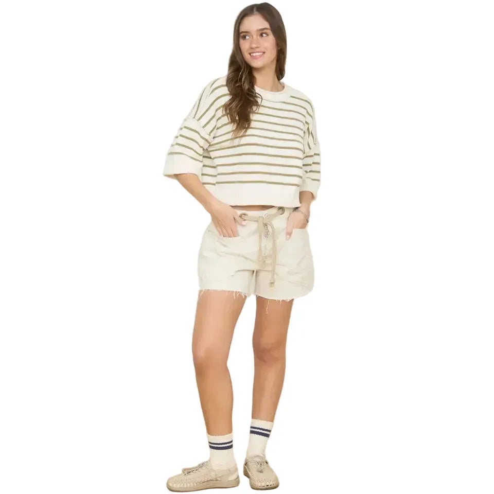 Women's Stripe Raw Edge Drop Shoulder Short Sleeve Sweater J6ST1036