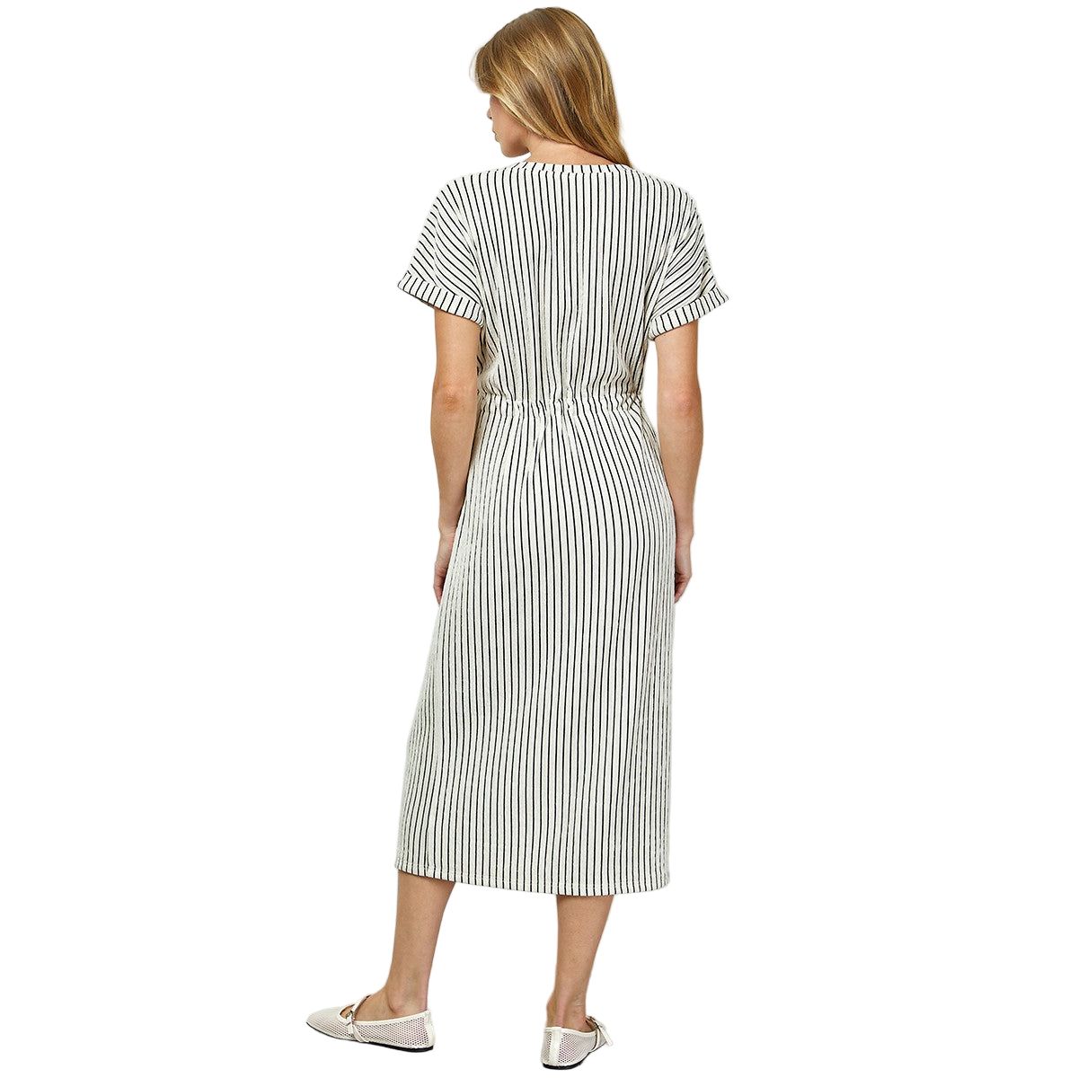 Women's Striped Midi Dress With Drawstring Waist D5917