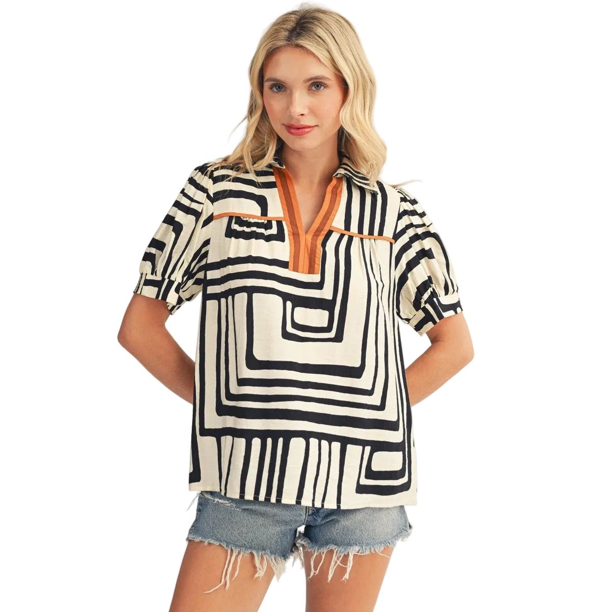 Women's Solid Contrast Accent Geo Print Top H50704