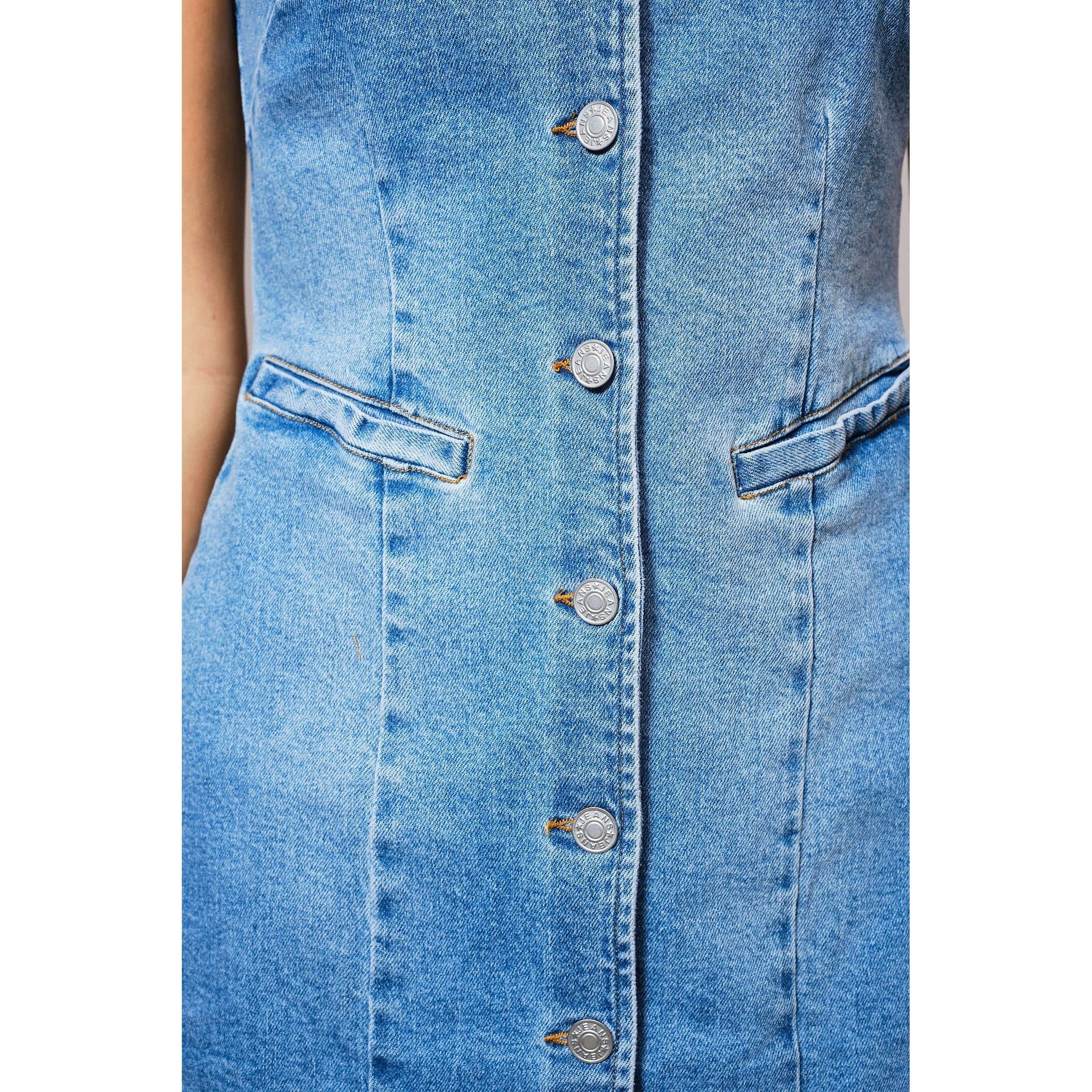 Women's V-neck Button Up Sleeveless Denim Mini Dress 23477D Crazy House Western Wear Women's V-neck Button Up Sleeveless Denim Mini Dress 23477D Crazy House Western Wear