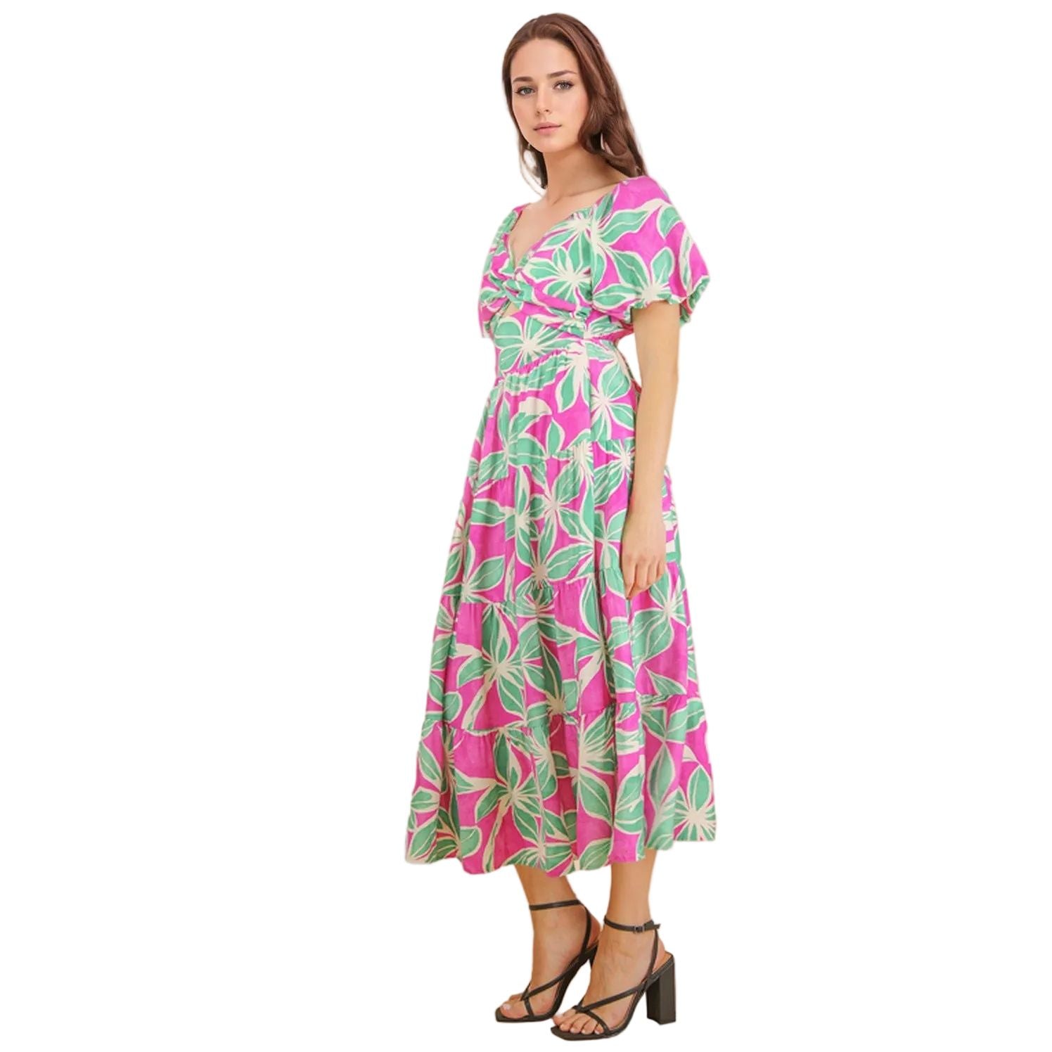 Women's Pink Floral Printed Puff Sleeve Resort Midi Dress ND32046