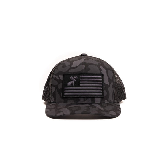 Crazy House Unisex Black Duck Camo Snapback with Jackelope Flag Patch - Crazy House Western Wear