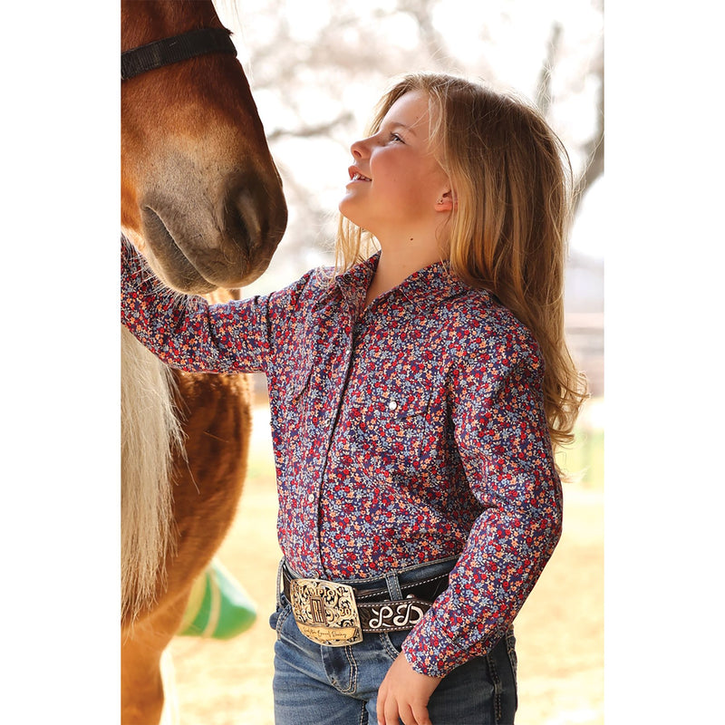 Girl's Cruel Denim Blue Floral Print Snap Shirt CTW3230054