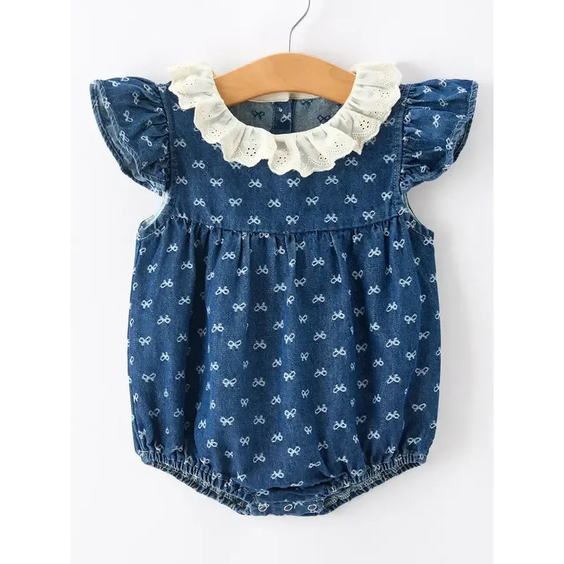 Girl's Denim Bow Print Ruffle Sleeves Eyelet Romper