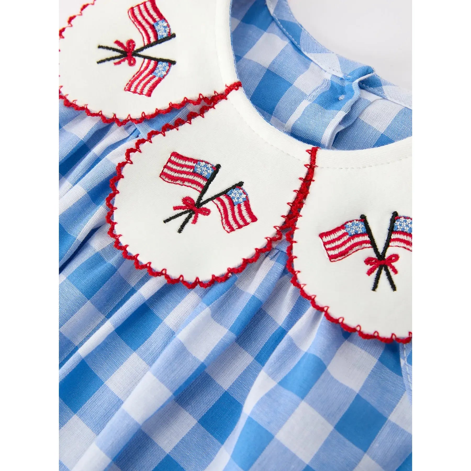 Girl's Infant 4th of July Plaid Romper with Bow Embroidery and Petal Collar RPG60510
