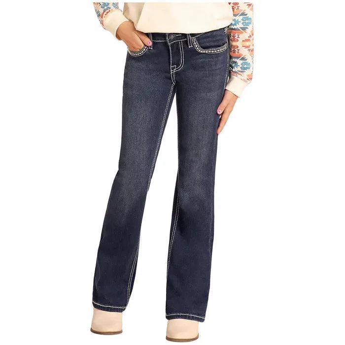 Girl's Rock and Roll Denim Mid Rise Medium Vintage Wash Bootcut Jeans BG4MD04801 - Crazy House Western Wear