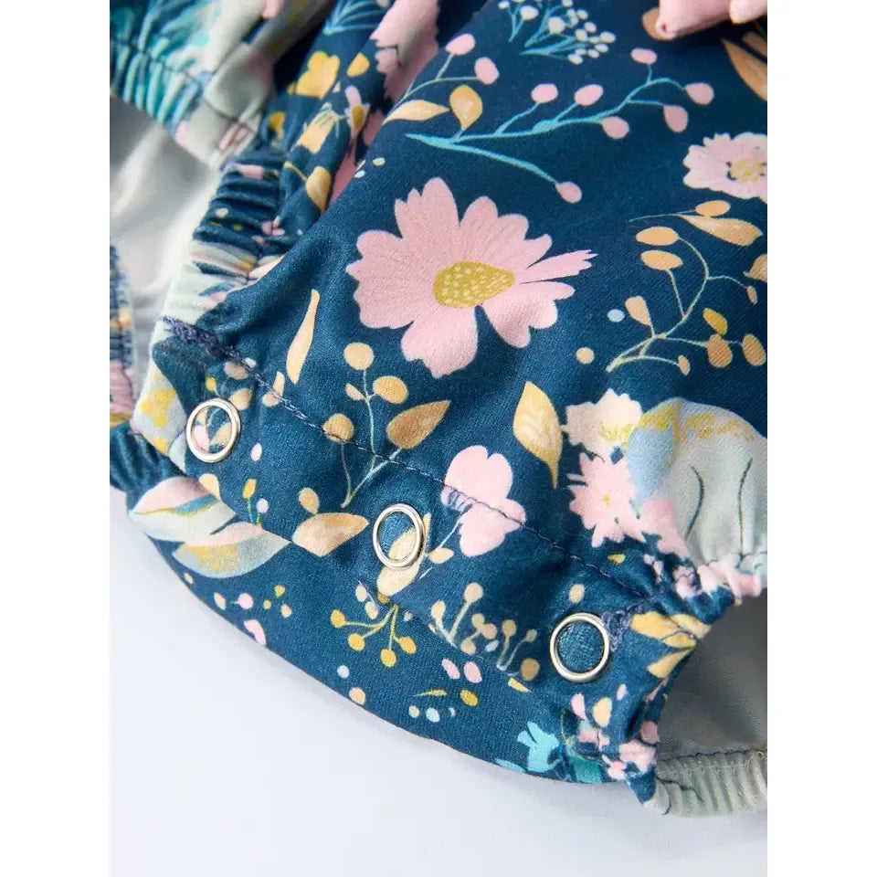 Girl's Teal Easter Bunny Garden Ruffle Sleeve Romper