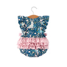 Girl's Teal Easter Bunny Garden Ruffle Sleeve Romper