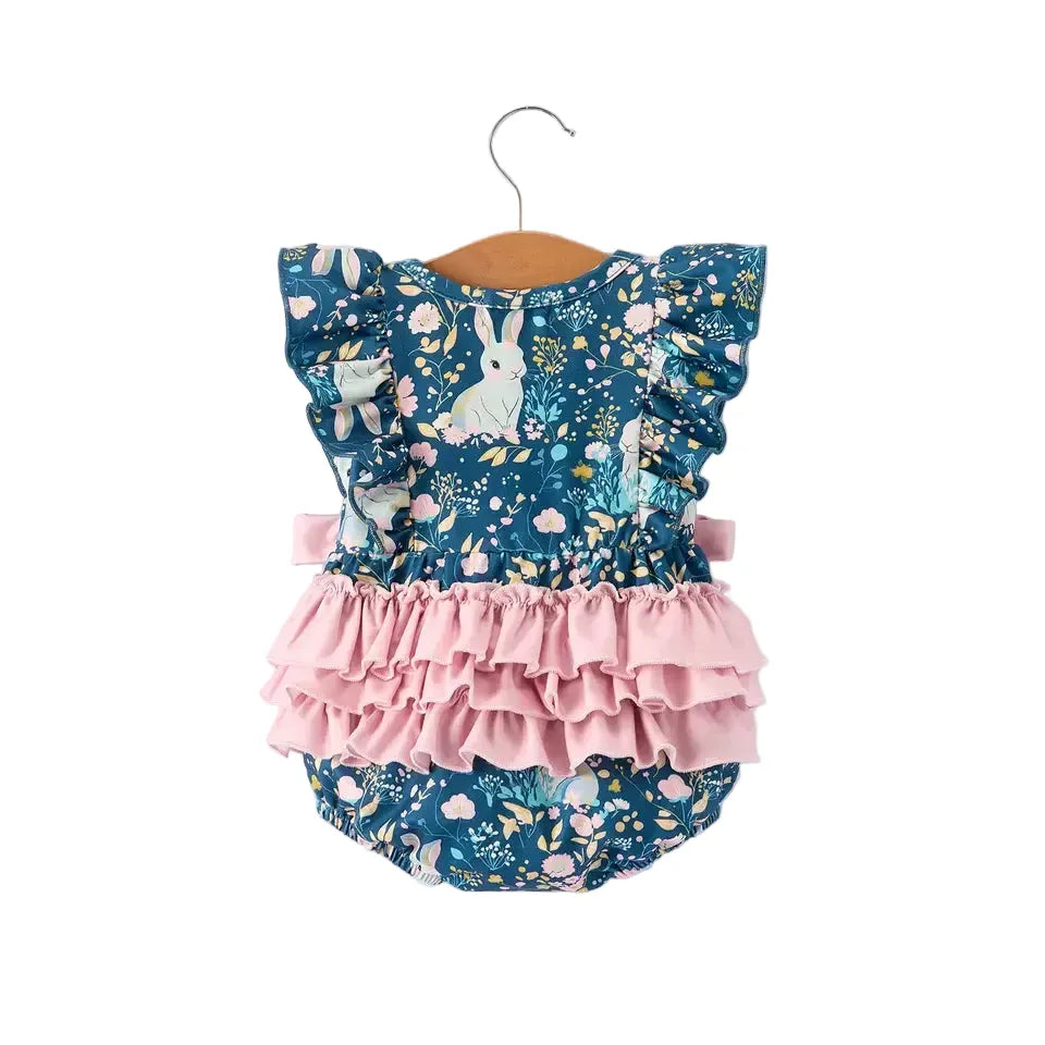Girl's Teal Easter Bunny Garden Ruffle Sleeve Romper