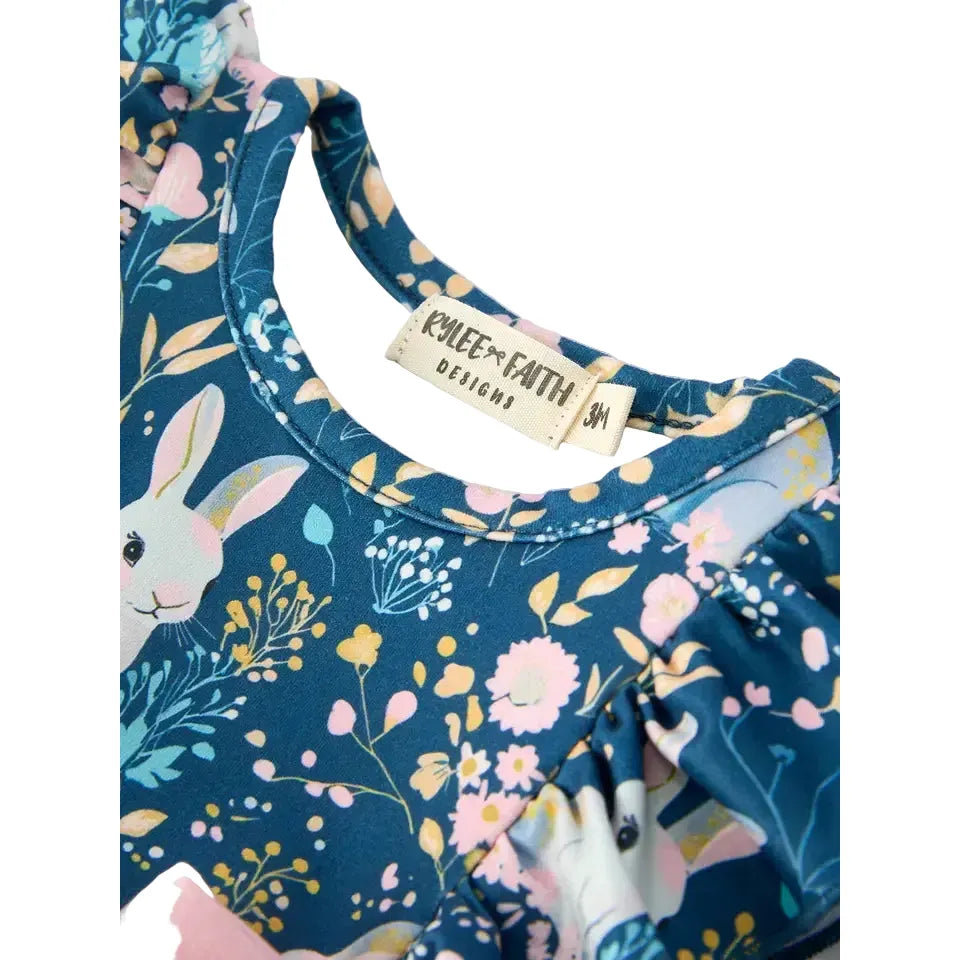 Girl's Teal Easter Bunny Garden Ruffle Sleeve Romper
