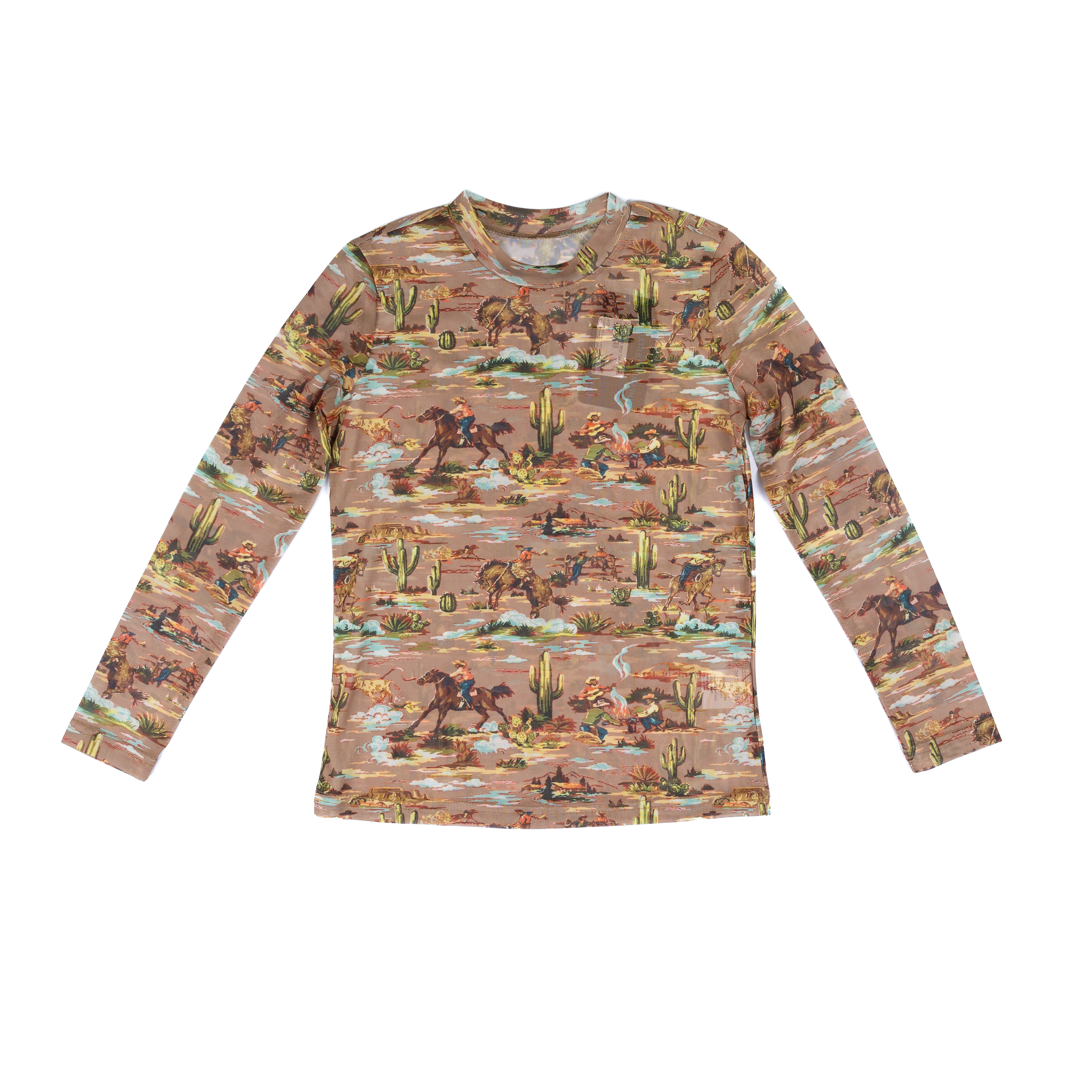 Girl's Twisted Filly Long Sleeve Cowboy Printed Mesh Top