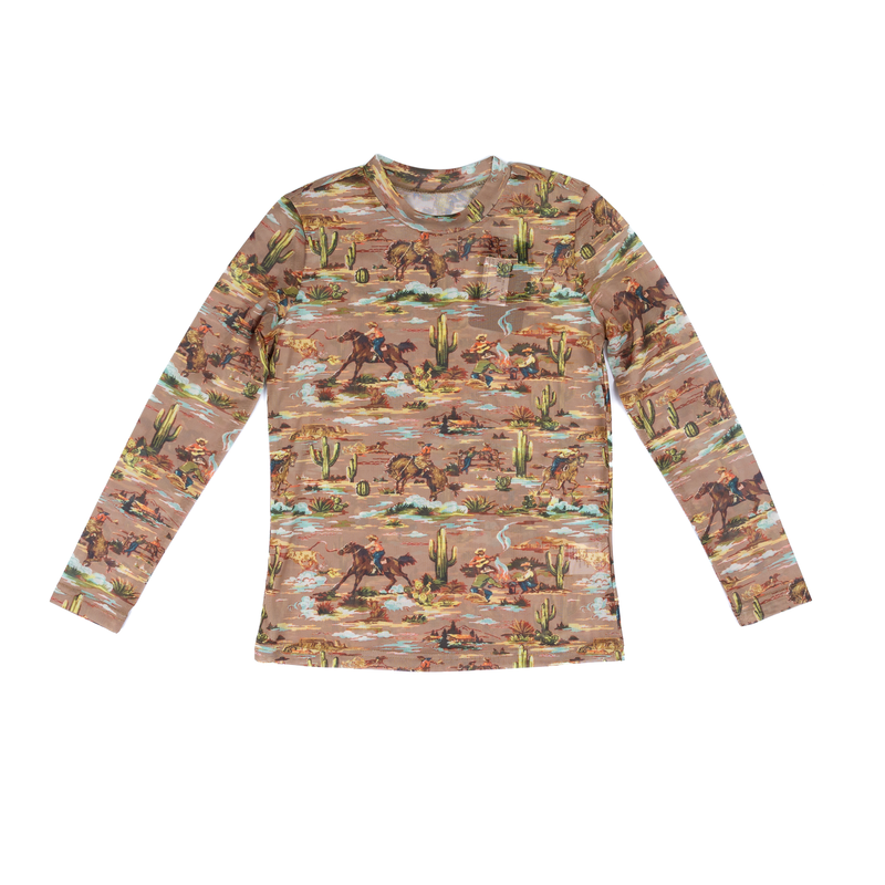 Girl's Twisted Filly Long Sleeve Cowboy Printed Mesh Top