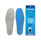 Gray and blue shoe insoles with Cellsole packaging on a white background