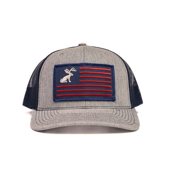 Grey and Navy Snapback with Jackelope and American Flag Patch - Crazy House Western Wear