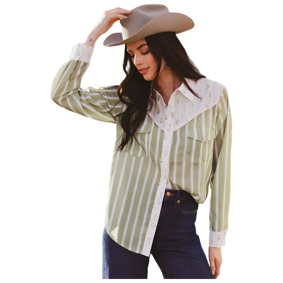 Howdy Hanny Olive Stripe Daisy Mix Pearl Snap - Crazy House Western Wear