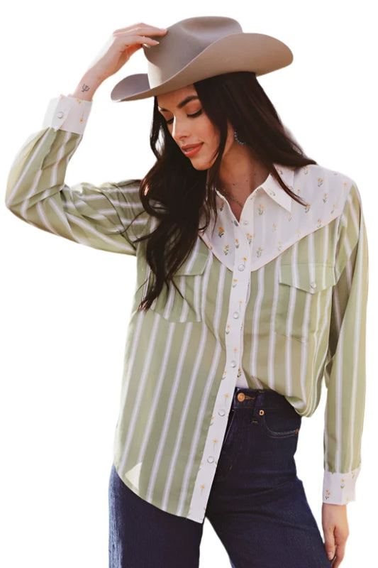 Howdy Hanny Olive Stripe Daisy Mix Pearl Snap - Crazy House Western Wear