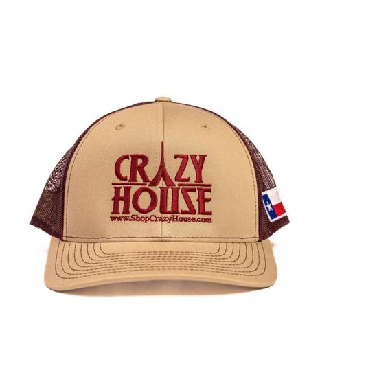 Khaki and Burgundy Snapback with Crazy House stitching