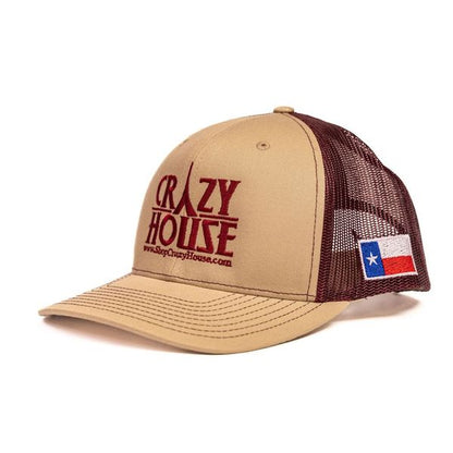 Khaki and Burgundy Snapback with Crazy House stitching - Crazy House Western Wear