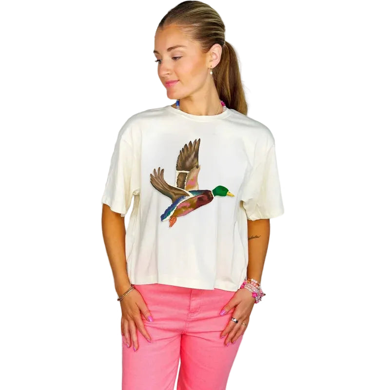 Poppy and Pine Women's Ivory Flying Mallard Crop Tee 
